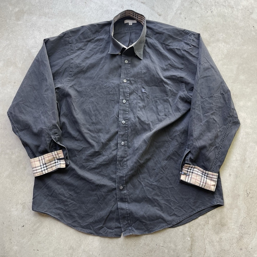 Burberry London Button Up Collared Dress Shirt Men's XL Black Nova Check Cuff